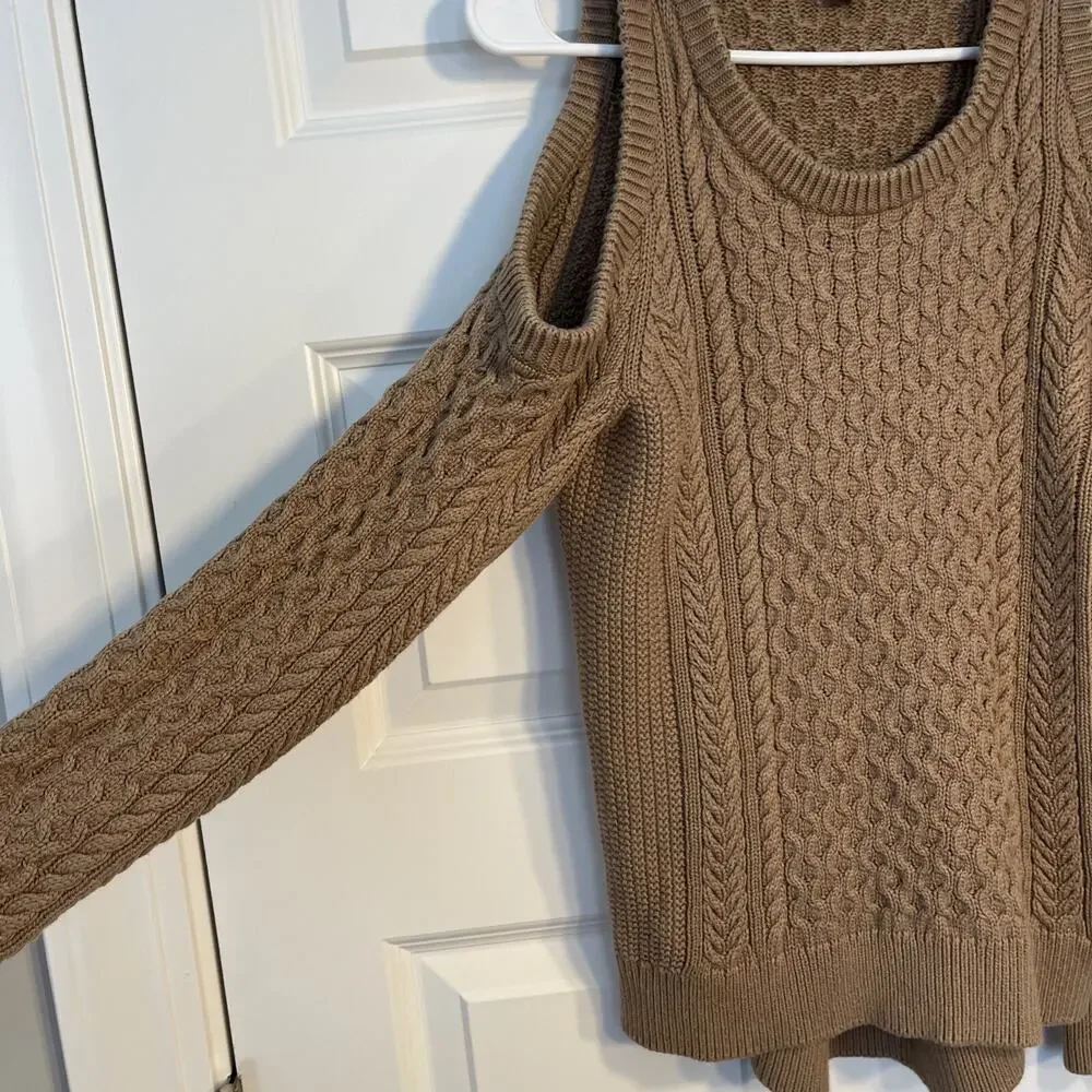 Michael Kors Light Brown Cable Knit Sweater W/ Cold Open Shoulders, Size Medium